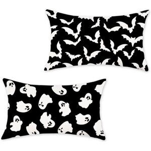 HOMFREEST Halloween Pillow Covers 12x20 Inch Set of 2 Ghost Bats Black
